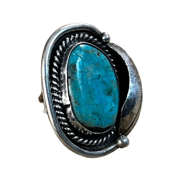 Vintage Blue Turquoise Leaf Sterling Silver Native American Navajo Ring Sz 4.5 - Picture 2 of 10